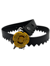 Ripcord Belt with a gold translucent Beyblade mounted on the titanium buckle of a black serrated leather belt