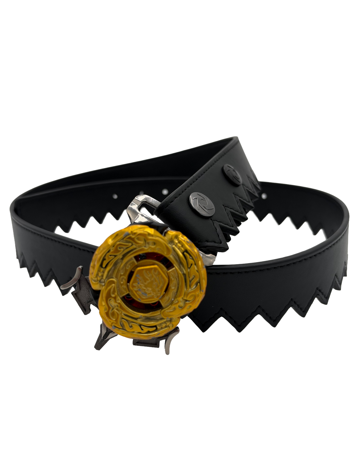 Ripcord Belt with a gold translucent Beyblade mounted on the titanium buckle of a black serrated leather belt