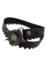 Ripcord Belt with a silver titanium buckle holding a blue and gold dragon-emblem Beyblade on black leather