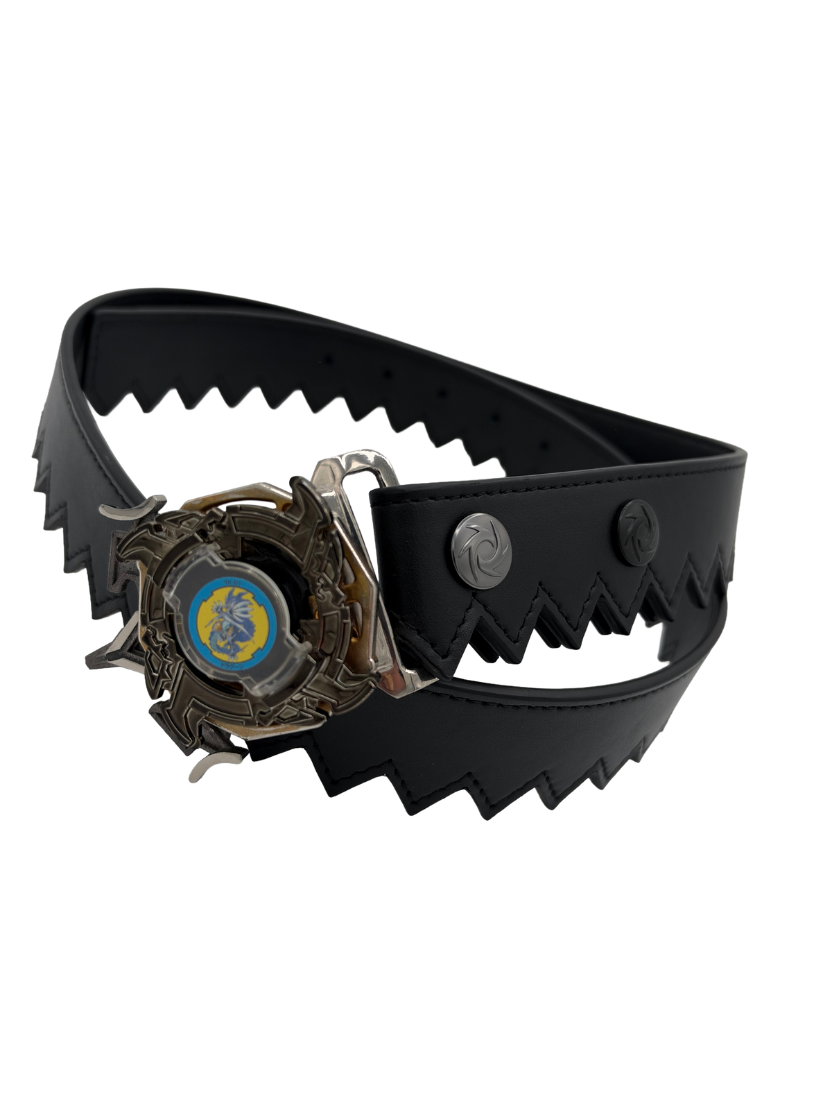 Ripcord Belt with a silver titanium buckle holding a blue and gold dragon-emblem Beyblade on black leather