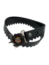 Ripcord Belt with a black and red Beyblade mounted on the titanium buckle of a black serrated leather belt
