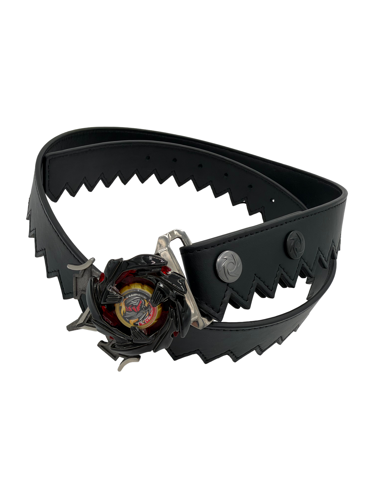 Ripcord Belt with a black and red Beyblade mounted on the titanium buckle of a black serrated leather belt