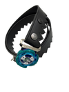 Ripcord Belt with a blue and teal Beyblade mounted on the titanium buckle of a black serrated leather belt
