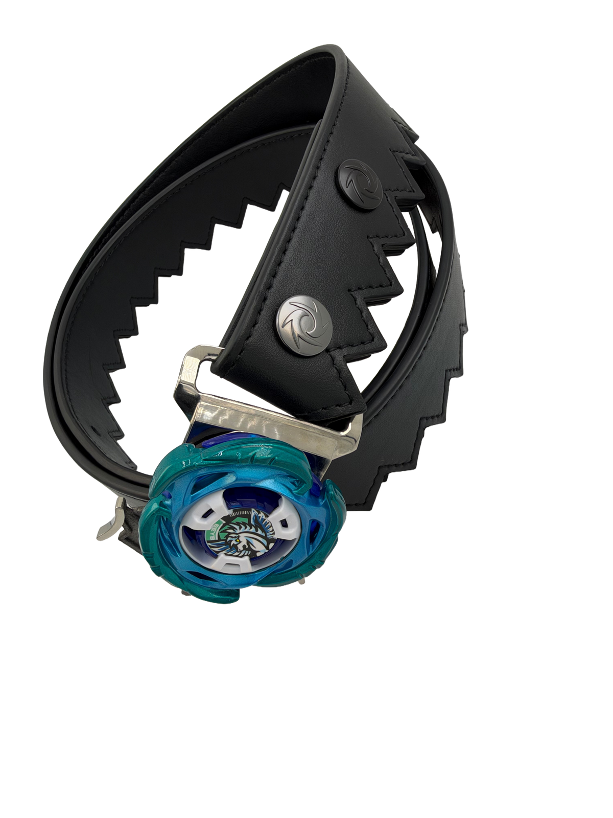 Ripcord Belt with a blue and teal Beyblade mounted on the titanium buckle of a black serrated leather belt
