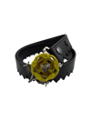 Ripcord Belt in black leather with serrated edge and a yellow Beyblade X mounted on the titanium buckle