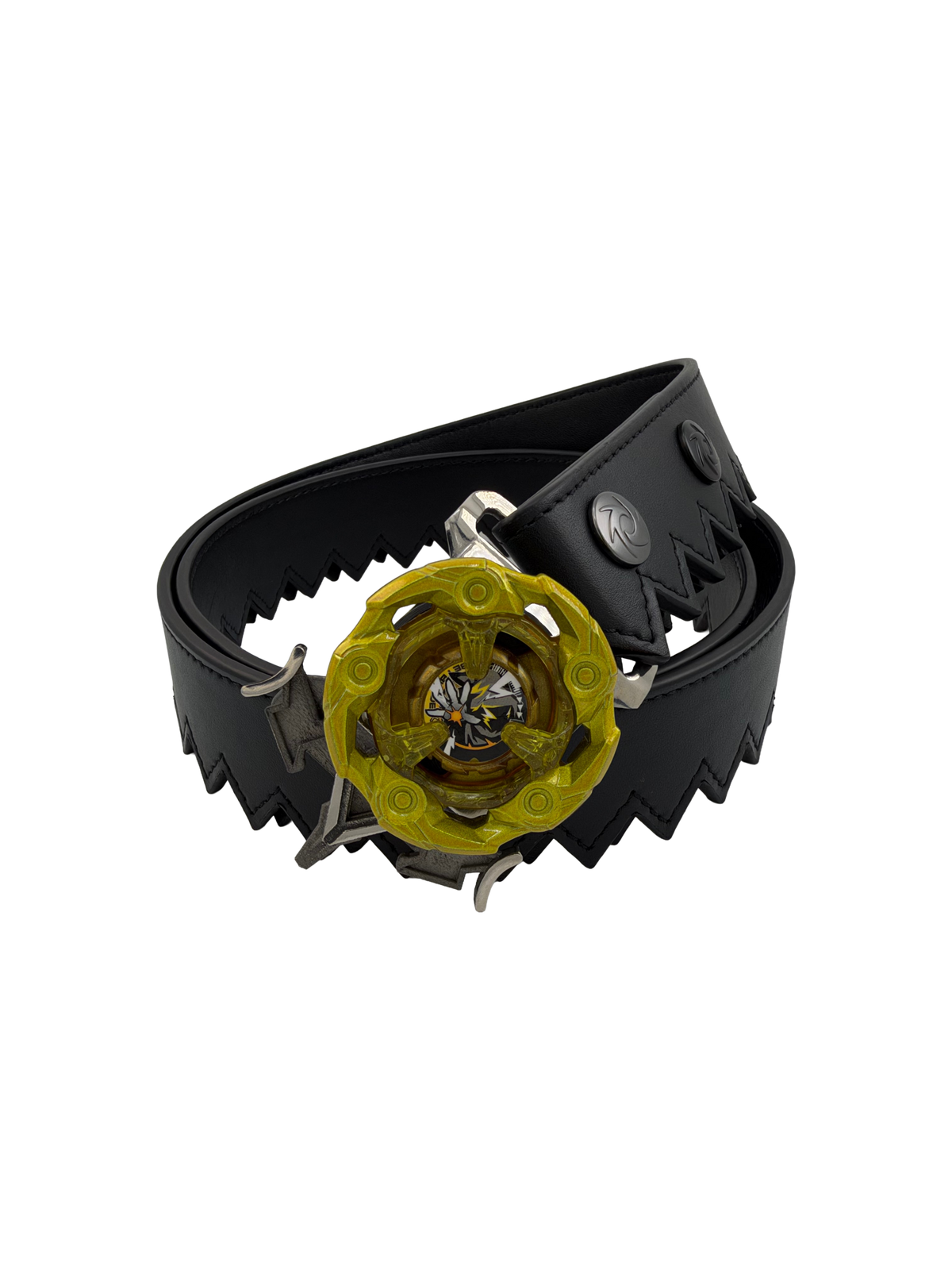 Ripcord Belt in black leather with serrated edge and a yellow Beyblade X mounted on the titanium buckle