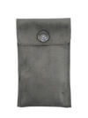 Gray velvet storage pouch with a swirl-logo snap button for Beyblade adapters