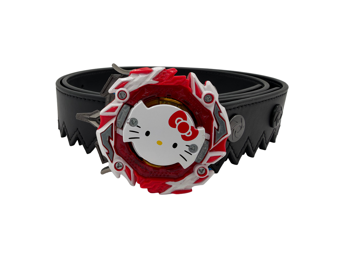 Ripcord Belt buckle holding a red and white Hello Kitty Beyblade on a black leather belt